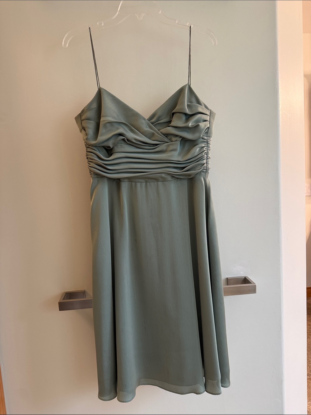 Ruched Satin Spaghetti Strap Mini Dress in Sage